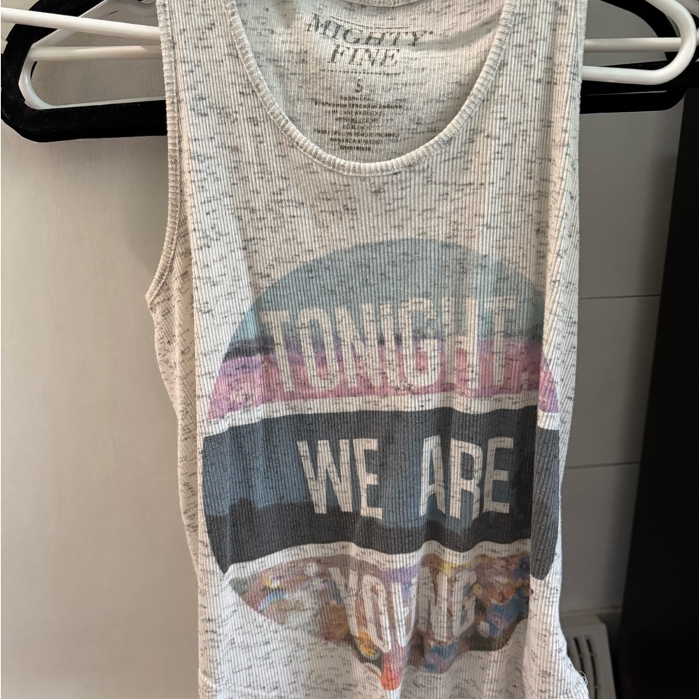 Mighty Fine White Tank with Colorful Graphic